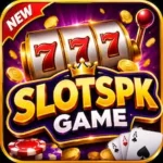 Slotspk Game APK feature image with slot machine reels, glowing coins, poker chips, and colorful casino-style graphics for Android gamers.